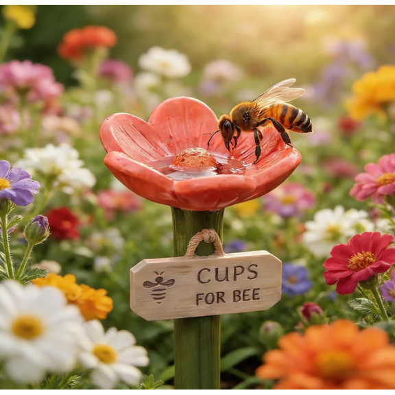 Bee Watering - Copper Flower-Shaped Stations for Outdoor Bee Watering, Hygienic Butterfly Cups, Pollinator Feeders for Yard, Driveway, Patio, Garden,Red 1PC