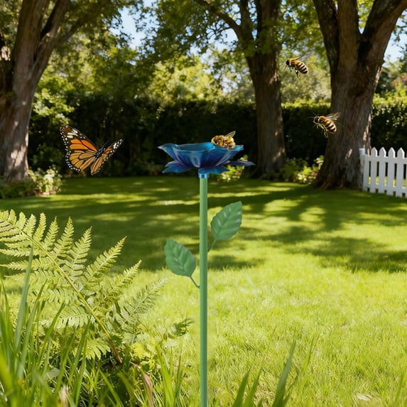 Bee Watering Station,Bird Bath for Outside,Bee Bath for Garden,Colorful Metal Bee Bird Butterfly Water Feeder Supplies for Outdoor Garden Yard Farm Decor Flower Design,25Inch Blue