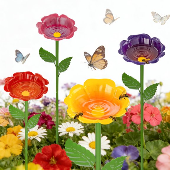 Bee Watering Station, Metal Flower Bee Bath for Garden – Butterflies & Pollinators – Colorful Outdoor Gardening Stakes for Yard, Patio, Butterfly Garden, Gardening Essentials
