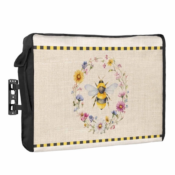 Bee Waterproof Outdoor TV Cover, Insects Yellow Floral Wreath Pastoral Linen Texture Country Outside Weatherproof TV Enclosures for 30 to 32 Inch LCD Television Shield Flat Screen Protectors