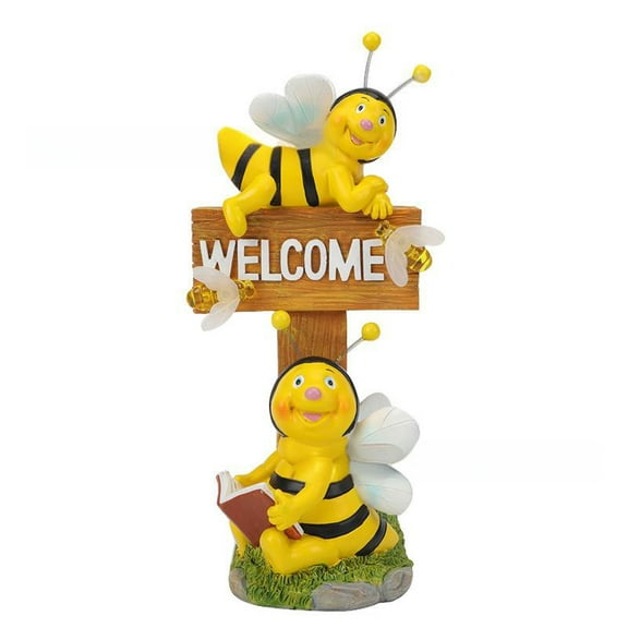 Bee Welcome Sign Solar Garden Statue, Outdoor Decor for Patio Yard, Lighted Resin Ornament with Warm Glow for Pathways