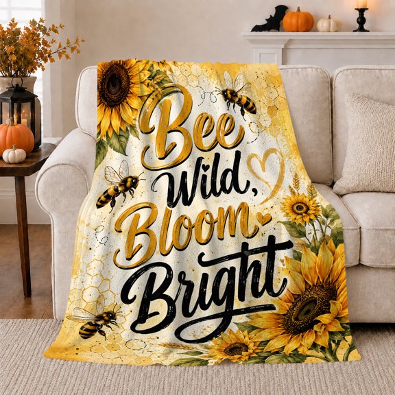 Bee Wild Bloom Bright Motivational, Cozy Typography Art Scene, Warm Flannel Blanket for Living Room and Reading Nook, Art Lovers Housewarming Gift, Artistic Home Decor