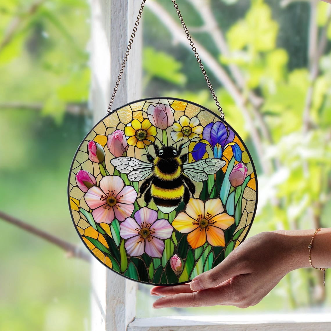 Bee Wildflower Glass Suncatcher, Colorful Bee Garden Window Art, 6.3 in ...