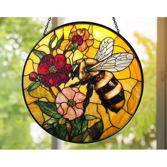 Bee & Wildflower Glass Suncatcher – Handmade Bumblebee Window Hanging, Cottagecore Garden Décor, Pollinator Gift, 3.5 in