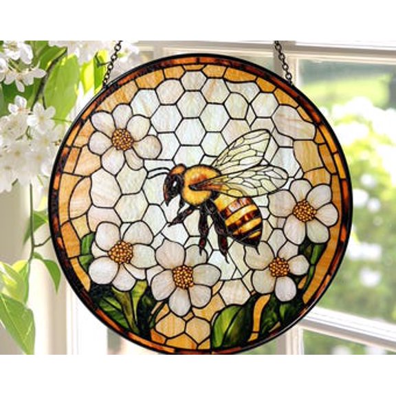 Bee Wildflowers Glass Suncatcher Round Window Hanging, 3.5 in
