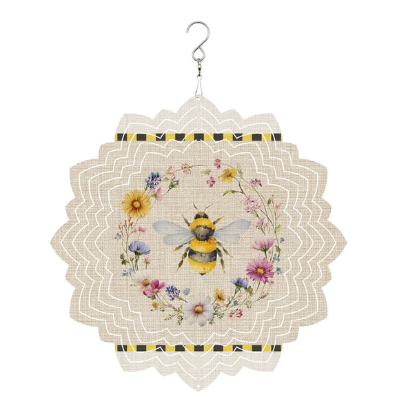 Bee Wind Spinner for Garden Yard 8In, Insects Yellow Floral Wreath Pastoral Linen Texture Country 3D Stainless Steel Kinetic Hanging Wind Spinners Rustproof Outdoor Decor for Lawn Patio Home