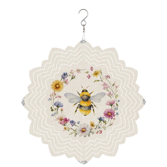 Bee Wind Spinner for Garden Yard 8In, Retro Insects Yellow Floral Wreath Pastoral Linen Texture Country 3D Stainless Steel Kinetic Hanging Wind Spinners Rustproof Outdoor Decor for Lawn Patio Home