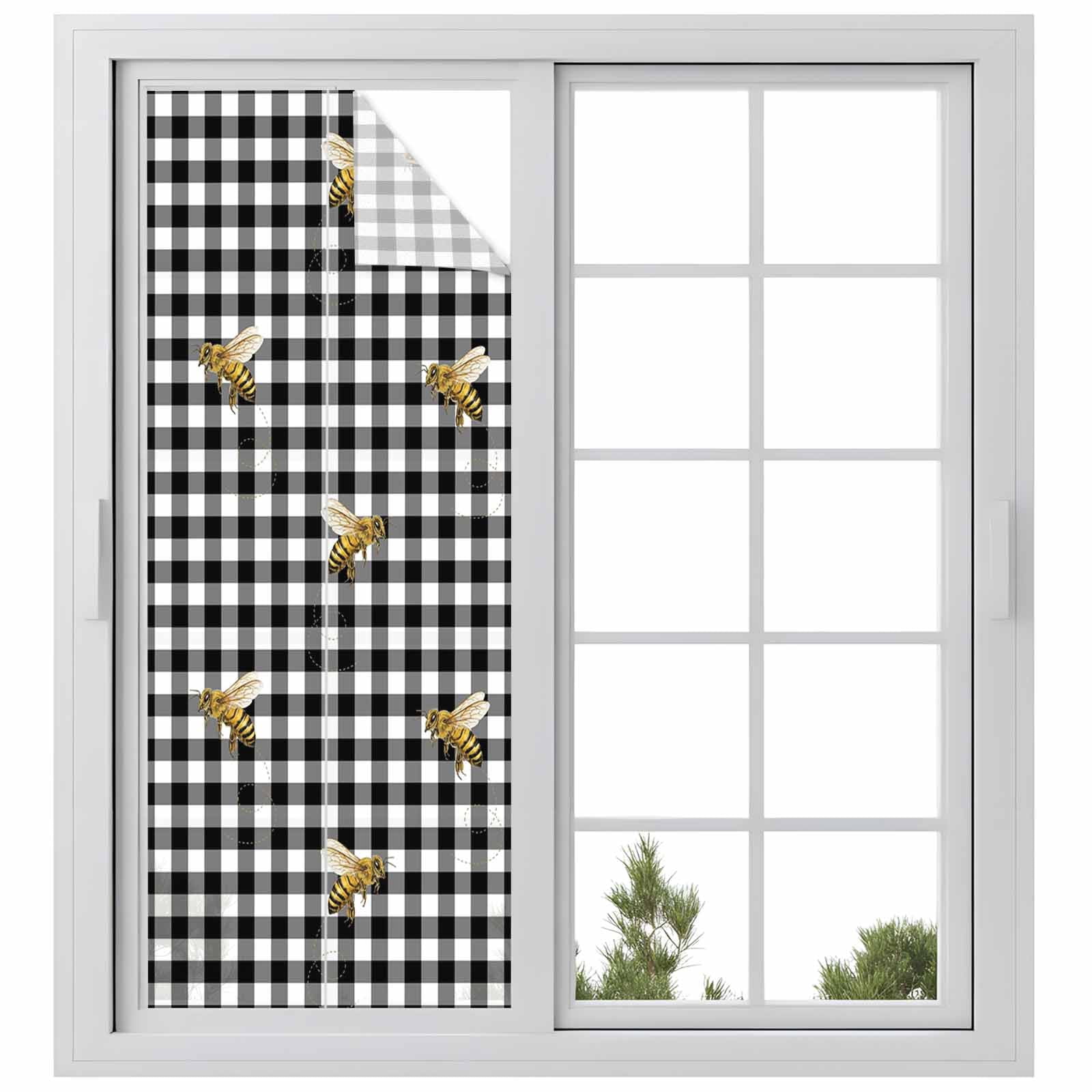 Bee Window Privacy Film, Country Bees Black White Buffalo Plaid Checkered Farmhouse Frosted Glass Window Clings Static Cling UV Heat Blocking Reusable Door Sticker for Bathroom 23.6 x 59 Inch