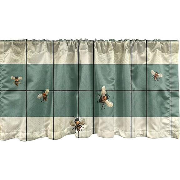 Bee Window Valance, Spring Farmhouse Themed Flying Bumblebee Pattern on Pastel Striped Back, Rod Pocket Curtain Valances Kitchen Bedroom, 54" X 18",Cadet Blue Apricot Brown
