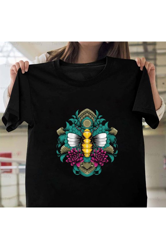 Bee With Lotus Flower And Ornament Insect Art Graphic Design Unisex T-Shirt, up to size 5XL