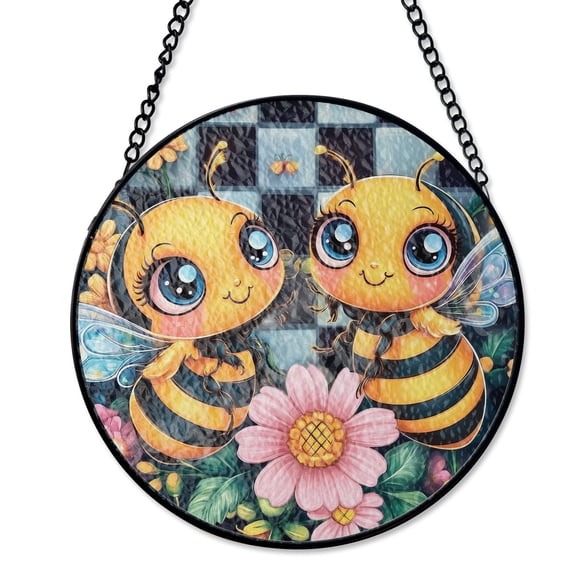 Bee With Pink Flower Suncatcher Stained Glass Style, UV Printed Glass Spring Nature Decor, Round