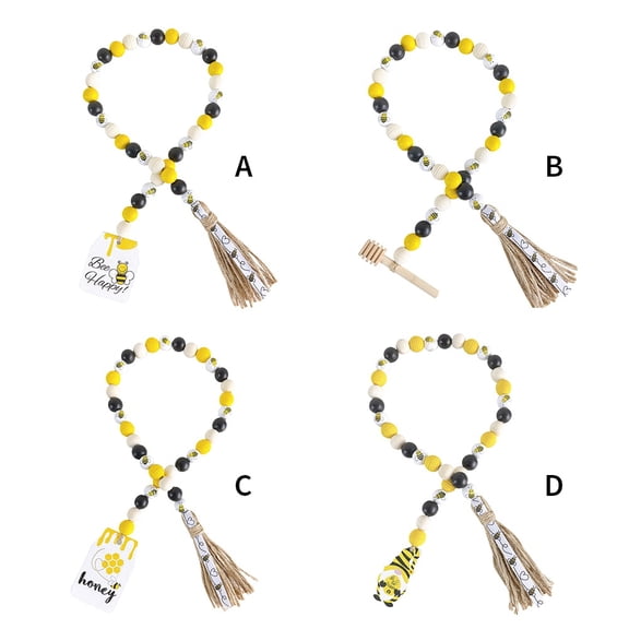 Bee Wood Bead Garland with Tassels and Tag,Nature Wooden Beads Handmade Honeybee Bead Garland,Farmhouse Tiered Tray Decor