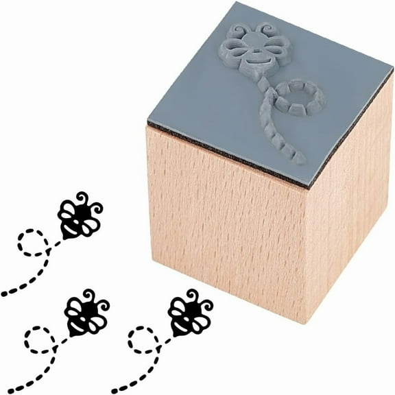Bee Wooden Rubber Stamp 1 Inch Bee Rubber Stamp Small Bee with Dashed Line Pattern Stamp Square Wooden Stamp Rubber Stamp for Scrapbooking Planner Decorations DIY Crafts Cards Mixed Color