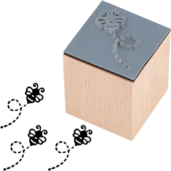 Bee Wooden Rubber Stamp 1 Inch Bee Rubber Stamp Small Bee with Dashed Line Pattern Stamp Square Wooden Stamp Rubber Stamp for Scrapbooking Planner Decorations DIY Crafts Cards DIY