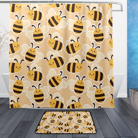 Bee Yellow Bathroom Accessory Sets Waterproof Shower Curtain with Absorbent Non-Slip Rug
