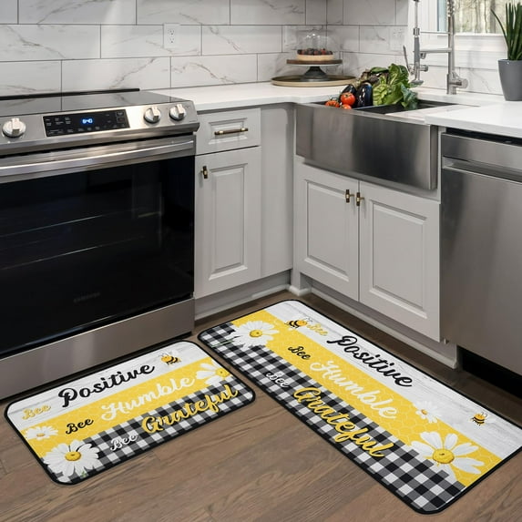 Bee Yellow Kitchen Mats for Floor, Flower Daisy Plaid Kitchen Rugs Set of 2 Carpet Area Rug, Floral Farmhouse Bee Kitchen Decor and Accessories Stuff, Yellow Black White, 17x30 and 17x47 Inch