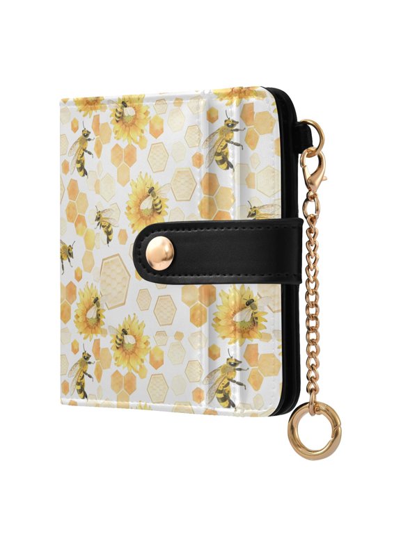 Bee Yellow Leaf Blossom Small Wallet for Women RFID Blocking Bifold PU Leather Credit Card Holder with Zipper Coin Pocket Compact Cute Travel Purse Magnetic Snap 7 Card Slots