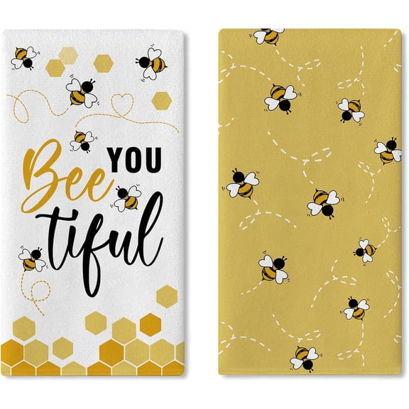 Bee You Tiful Kitchen Dish Towels Set of 2, Yellow Honeybee Honeycomb Drying Hand Towel Baking Cooking Cloth, Bumble Bee Beehive Spring Summer Bathroom Home Decoration 18'' x 26''