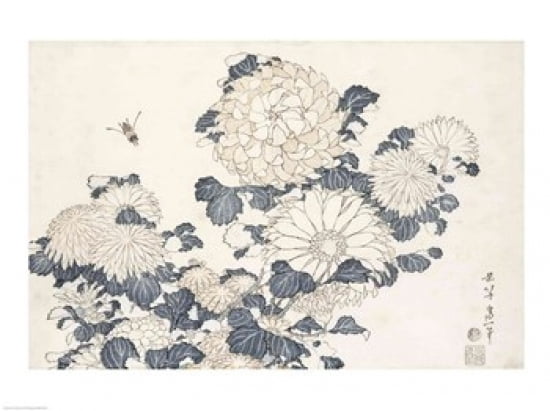 Bee and Chrysanthemums Canvas Art - Katsushika Hokusai (36 x 24)
