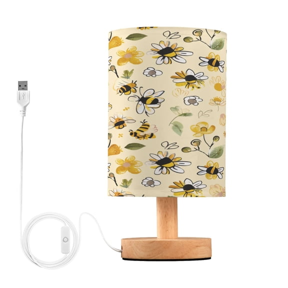 Bee and Floral Bedside Table Lamp Desk Warm Lights with USB Charging Port Cylinder LED Lamps for Bedroom Living Room Office