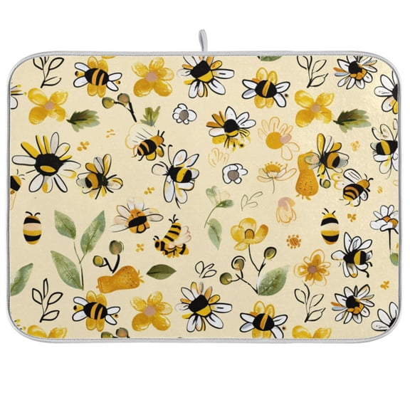 Bee and Floral Dish Drying Mats Kitchen Mat Microfiber Counter Absorbent Dish Pad Drainer Rack 16"x18"