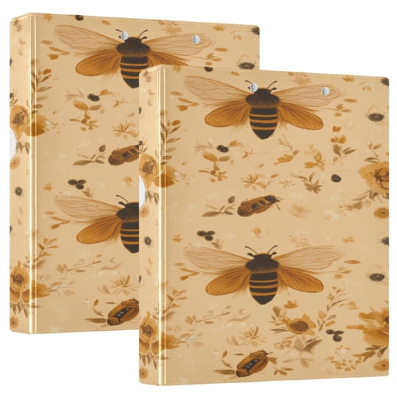 Bee and Floral Pattern 12.4x10.6in PVC Round Ring Binders, 2-Pack, D-Ring 3-Hole, Metal Clip