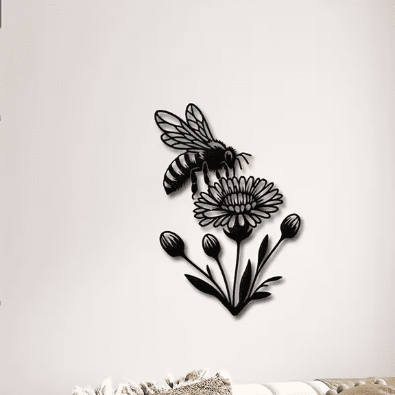 Bee and Flower Metal Wall Art, Minimalist Nature Decor for Kitchen Garden or Office