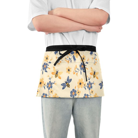 Bee and Flower Server Apron with 3 Pockets Waterproof Waitress Waist Short Apron for Man Woman 12 Inches