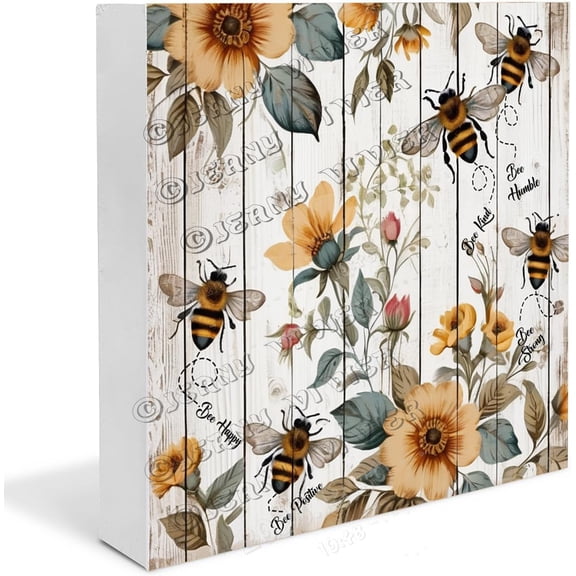 Bee and Flower Wooden Box Sign Bee Gifts Antique Bee Decor Farmhouse Kitchen Decor Table Centerpiece Ideas Wood Block Signs Housewarming Gifts 7x7 In