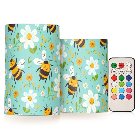 Bee and Flowers Pattern Flameless LED Candle Set with Remote, Battery Operated Color Changing Pillar Candles, Set of 2