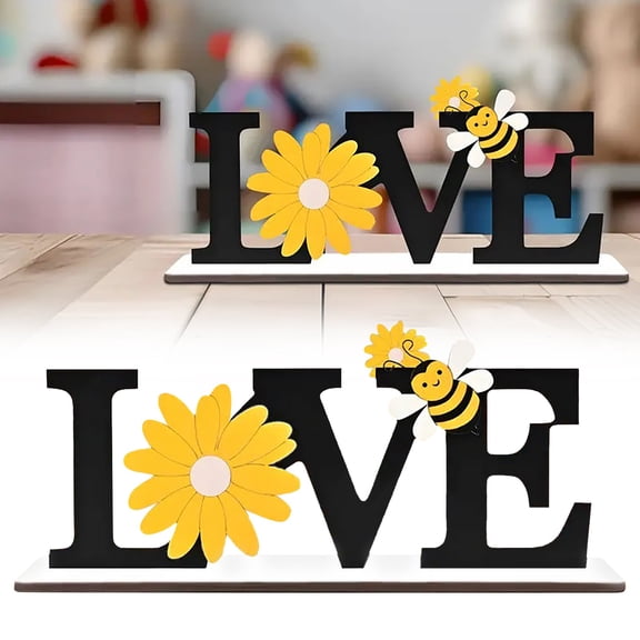 Bee and Sunflower Wooden Heart Home Decor Sign MDF Rustic Spring Farmhouse for Desk Wall Shelf Fireplace