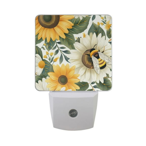 Bee and Sunflowers Night Light 2 Pack LED Nightlight Plug into Wall Dusk to Dawn Sensor Soft White
