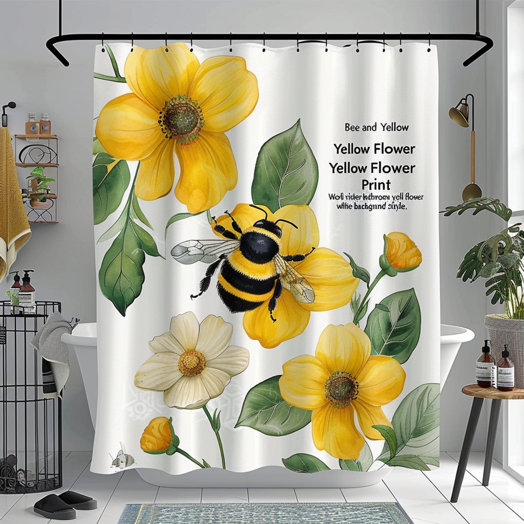 Bee and Yellow Flower Shower Curtain Victorian Bathroom Decor White