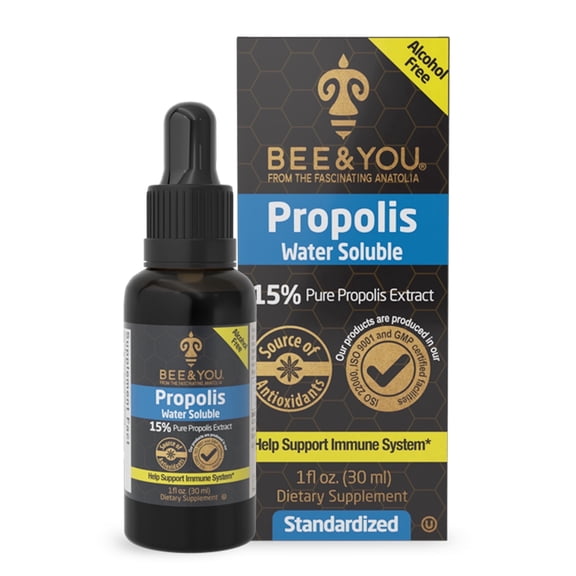 BEE&YOU Water Soluble Propolis Extract Liquid, Natural Bee Propolis Supplement, Alcohol Free, High Potency Formula, Antioxidant , Gluten Free, 1 fl oz