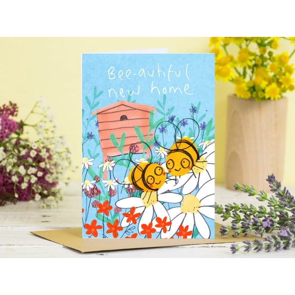 Bee-autiful New Home Card with Bees and Flowers Perfect for Housewarming Celebrations Blank Inside Comes with Envelope