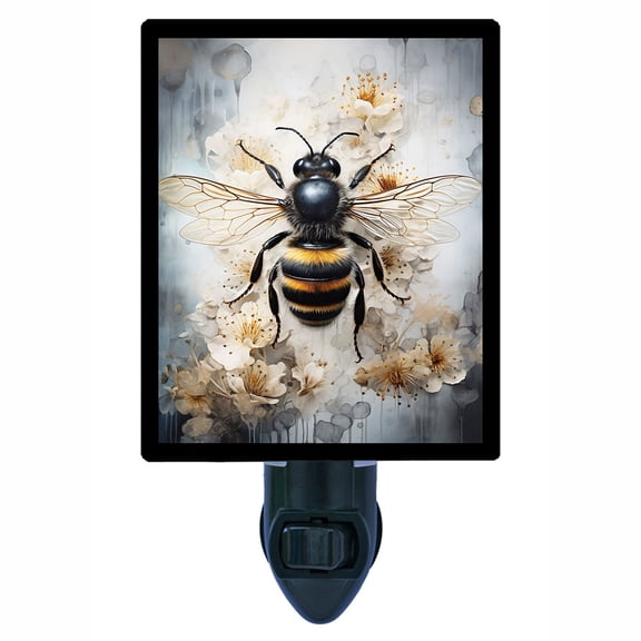 Bee in Blooms Night Light  Realistic Bumblebee with Soft White Flowers and Gentle Neutrals  Includes Free Switchable Insert