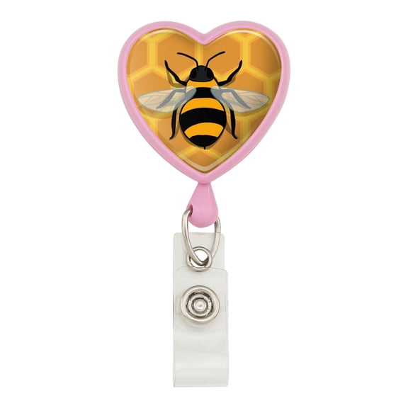 Bee on Honeycomb Heart Lanyard Retractable Reel Badge ID Card Holder - Pink