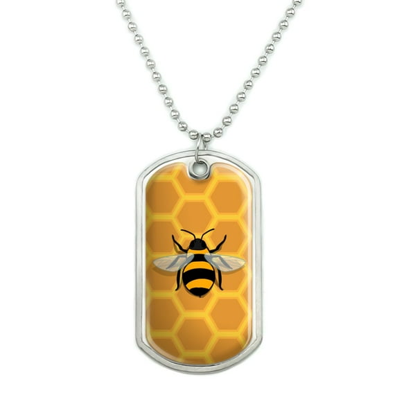 Bee on Honeycomb Military Dog Tag Pendant Necklace with Chain