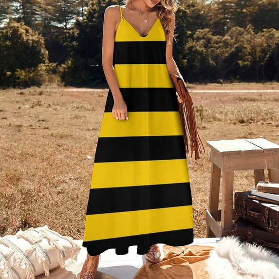 Bee pattern black and yellow stripes Sleeveless Dress summer dress woman trendy purple dress