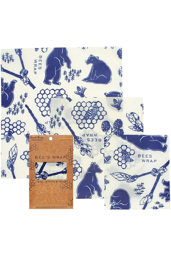 Beeswax Wraps 3 Pack, Bees & Bears Print - Plastic-Free Food Storage