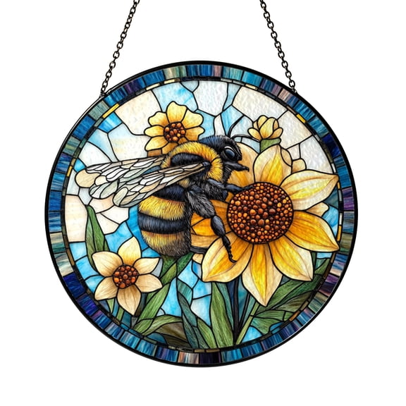 Bee themed stained glass ornament with floral elements, decorative window art piece and warm gift idea for teachers, bee lovers and gardeners