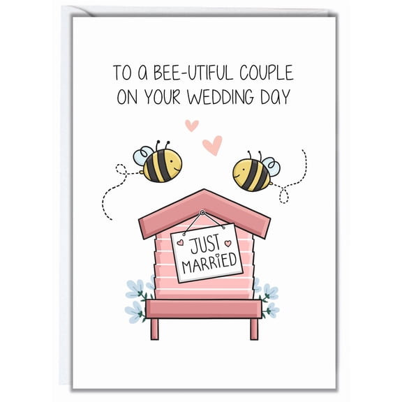 Bee-utiful Wedding Card for Couples "Just Married" Design with Cute Bees Blank Inside, Perfect for Celebrating Newlyweds on Their Special Day