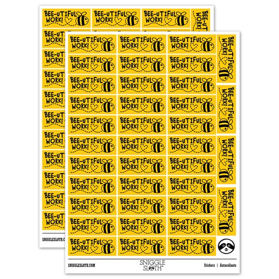 Bee-utiful Work Beautiful Bee Teacher Student School Sticker Set - Yellow - Gloss Finish - 1.5" Small
