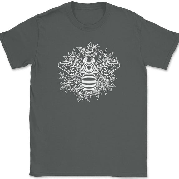 Bee with Flowers T-Shirt Trippy Honey Hive Pattern Graphic Funny Gift Tee - Charcoal, S