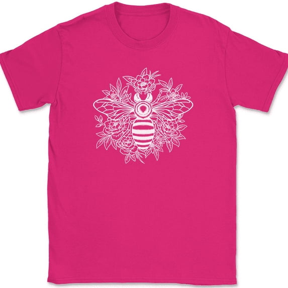 Bee with Flowers T-Shirt Trippy Honey Hive Pattern Graphic Funny Gift Tee - Pink, S