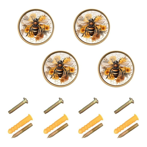 ALAZA Bee with Honey Cabinet Knobs Kitchen Drawers Knobs Door Dresser Round Pulls Knob Set of 4