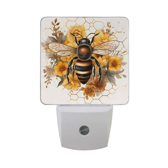 Bee with Honey Night Light LED Dusk to Dawn Auto Sensor Night Lamp Plug-in Nightlight for Bedroom Hallway Kitchen 2 PCs