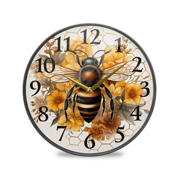 Bee with Honey Wall Clocks Battery Operated 11.9 Inch Round Clock Acrylic Silent Non-Ticking Bedroom Living Room Decorative Clocks