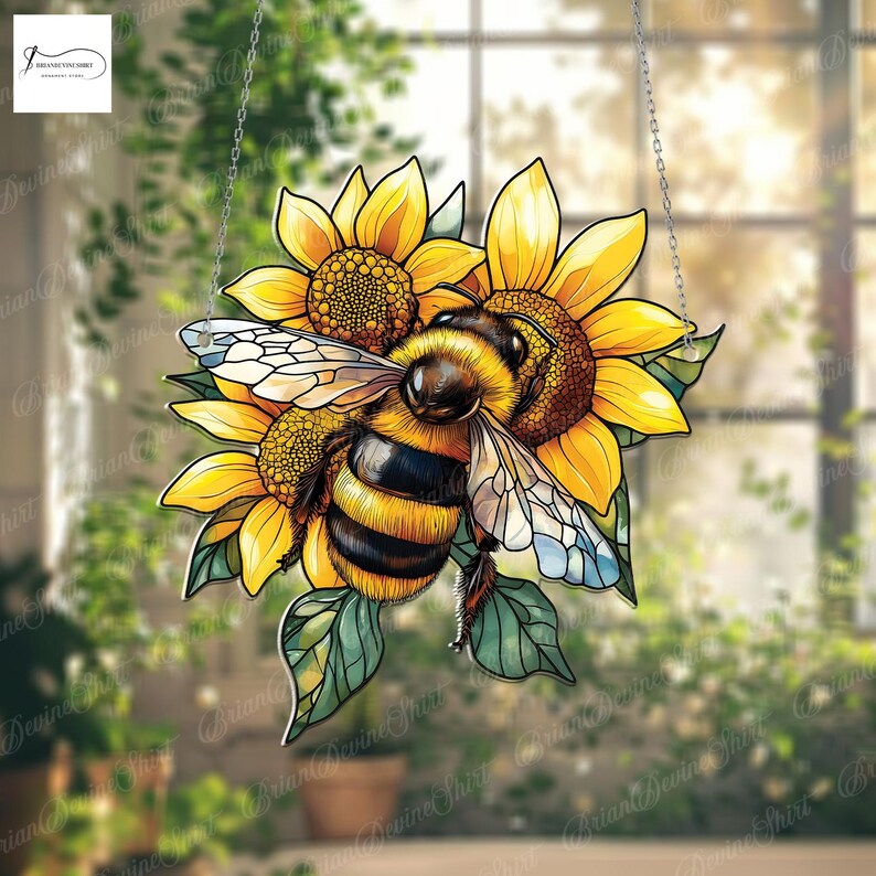 Bee with Sunflowers Acrylic Window Hanging, Vibrant Floral Decoration ...
