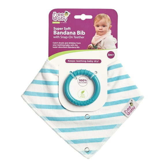 BeeBaby Bandana Bibs with Snap on Teether -Blue Print/ Blue Teether